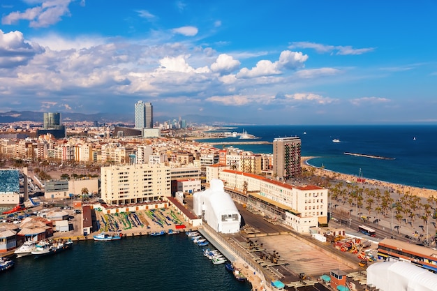 view of Barcelona and Mediterranean in sunny day