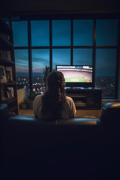 View of baseball fan watching game on tv