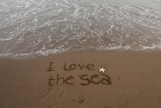 여름 에 해변 의 모래 를 보고 그 위 에 메시지 가 쓰여져 있다