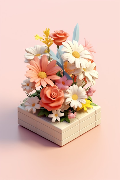 제기된 정사각형 침대에 있는 아름다운 3d 꽃의 전망