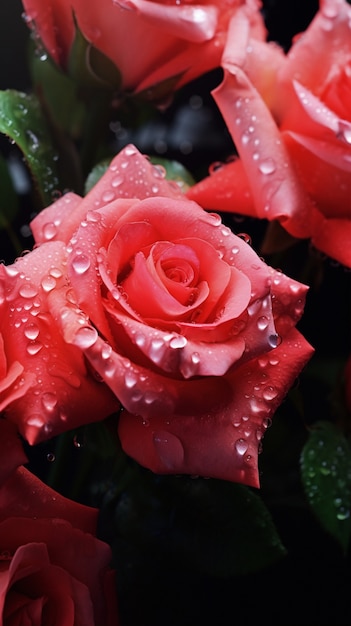 View of beautiful blooming roses with dew drops