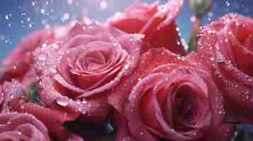 Free photo view of beautiful blooming roses with dew drops