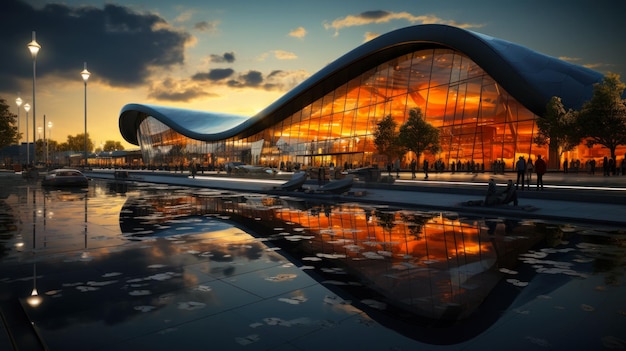 Foto gratuita vista di un bellissimo edificio dell'aeroporto moderno dall'area di parcheggio al tramonto riflesso nel vetro