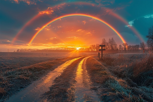 Foto gratuita la vista di un bellissimo arcobaleno che appare alla fine di una strada