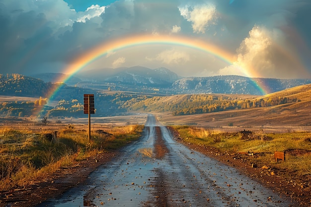 view of beautiful rainbow appearing at the end of a road