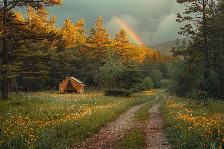 Free Photo view of beautiful rainbow appearing at the end of a road