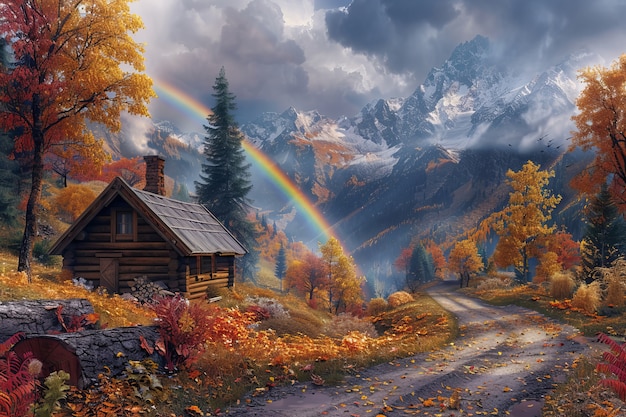 Free photo view of beautiful rainbow appearing at the end of a road