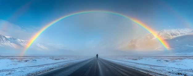 Free photo view of beautiful rainbow appearing at the end of a road