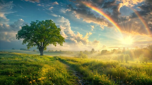 Free photo view of beautiful rainbow over nature landscape