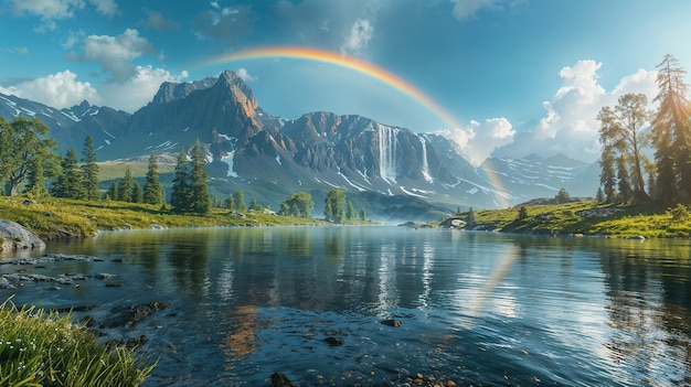Free photo view of beautiful rainbow over nature landscape