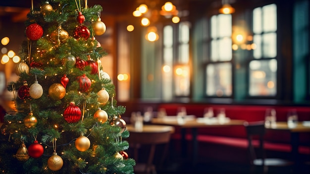 바 또는 레스토랑에서 아름답게 장식된 크리스마스 트리의 전망