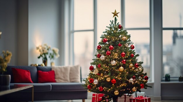 家の美しく飾られたクリスマス ツリーの眺め