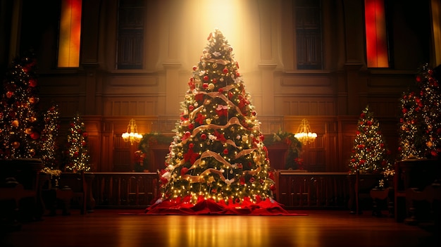 家で美しく飾られたクリスマスツリーの景色