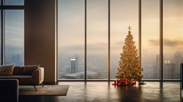家の美しく飾られたクリスマス ツリーの眺め