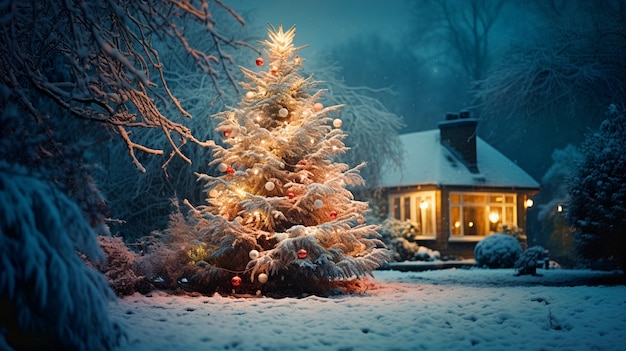 屋外の美しく装飾されたクリスマス ツリーの眺め