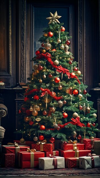 美しく装飾されたクリスマス ツリーの眺め