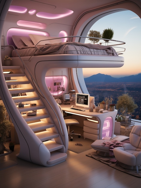 View of bedroom with futuristic decor and style