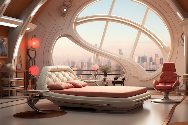 Foto gratuita vista della camera da letto con arredamento e stile futuristico