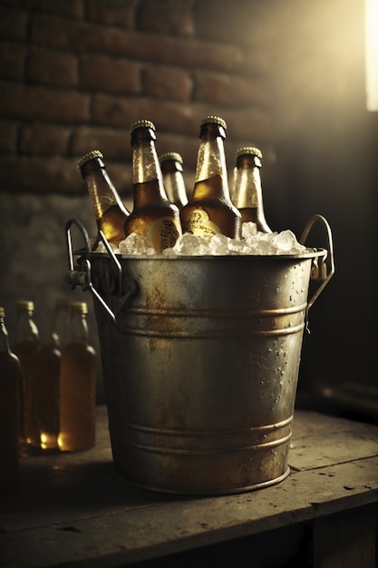 View of beer bottles in a bucket