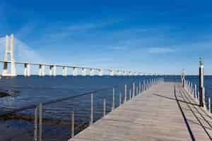 Free photo view of the big vasco da gama bridge in lisbon