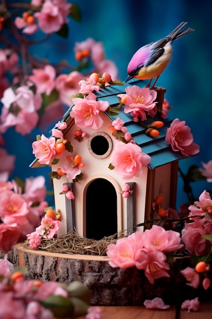 Free photo view of birdhouse with blossoming spring flowers