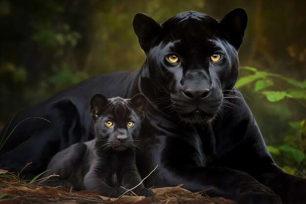 View of black panther and cub in the wild