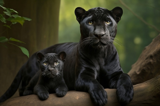 Вид черной пантеры с детенышем в природе