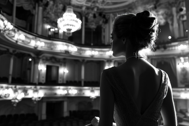 Vista di una persona bianca e nera che frequenta il teatro