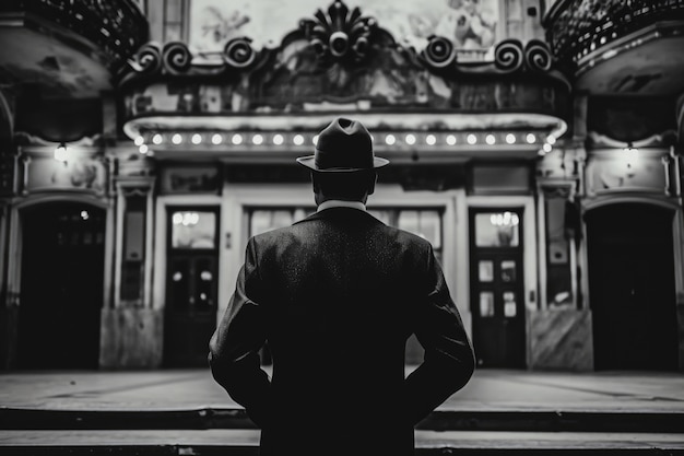 View of black and white person attending theatre