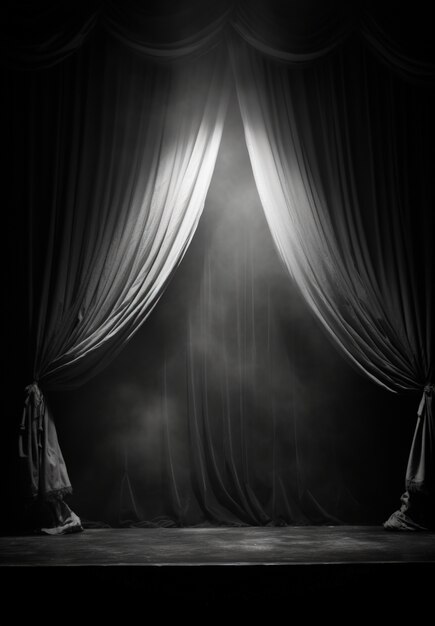 View of black and white theatre stage curtains