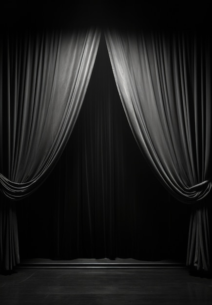 View of black and white theatre stage curtains