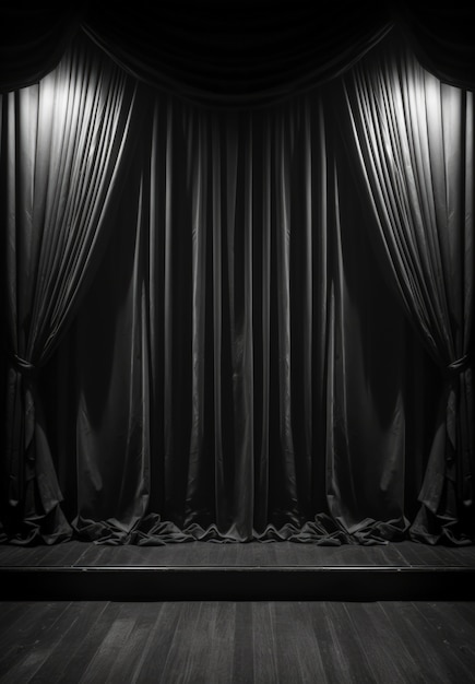 View of black and white theatre stage curtains