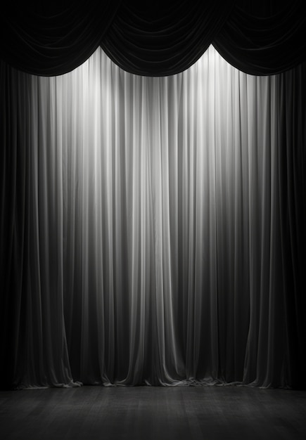 View of black and white theatre stage curtains
