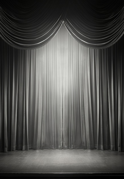 View of black and white theatre stage curtains