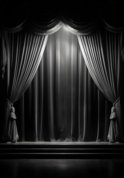 View of black and white theatre stage curtains