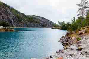 Free photo view of blue lake with mountain