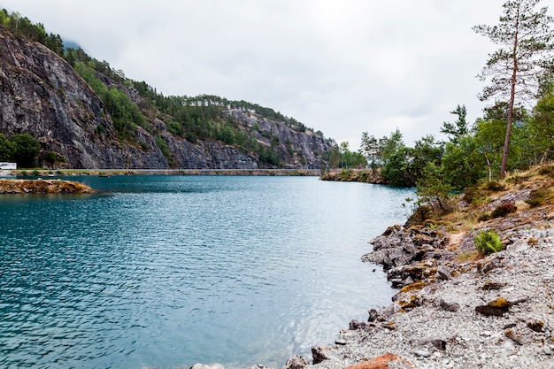 View of blue lake with mountain