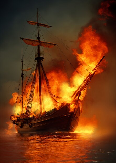 View of boat on flames