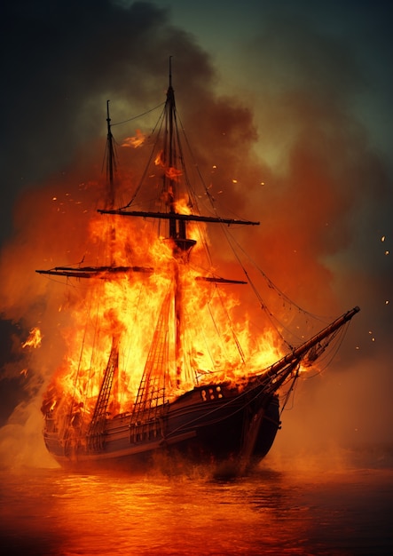 View of boat on flames