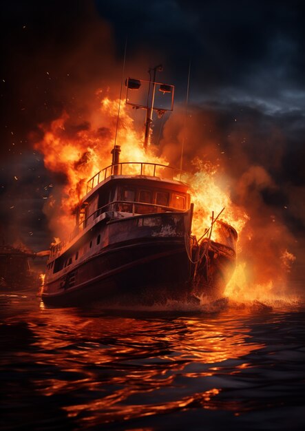 View of boat on flames