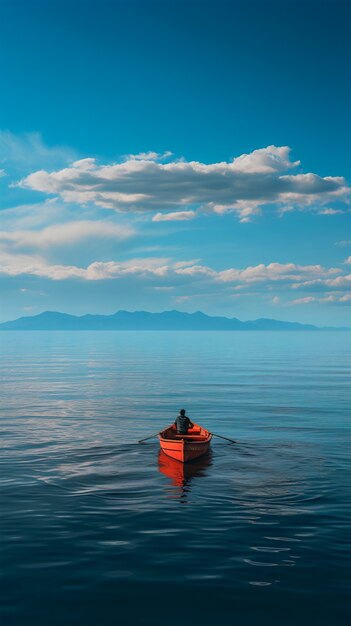 Вид на лодку, плывущую по воде с пейзажем природы