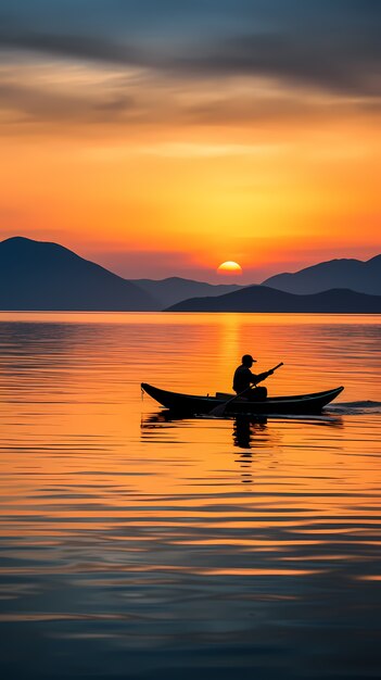 夕暮れ時の水上のボートの眺め