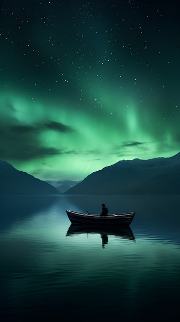 Free photo view of boat on water with aurora borealis