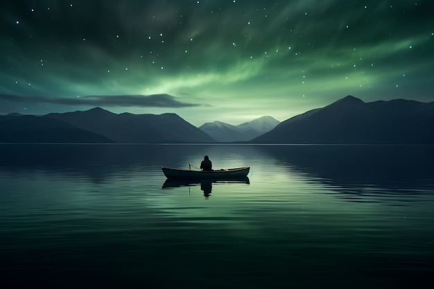 Foto gratuita vista della barca sull'acqua con aurora boreale