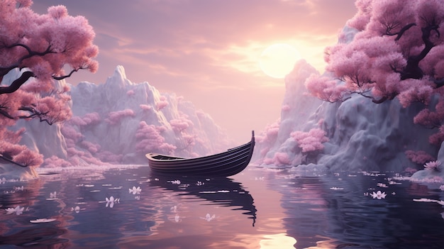 Вид лодки на воде с цветами