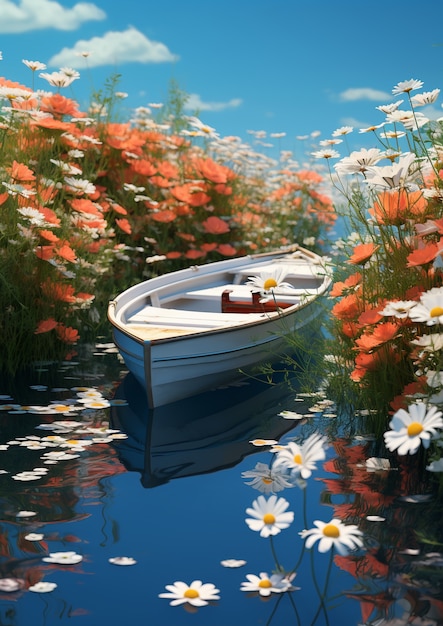 꽃 이 있는 물 위 의 배 의 모습