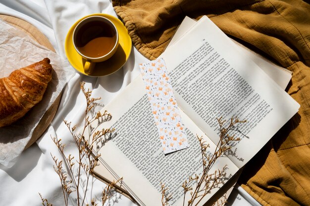 Above view bookmark and book arrangement