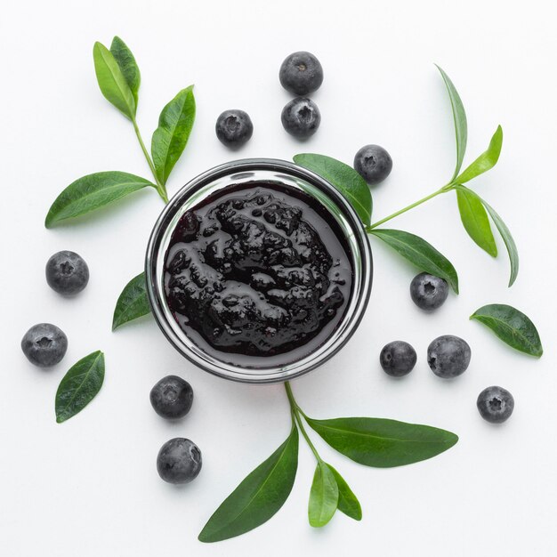 Above view bowl with blueberry jam