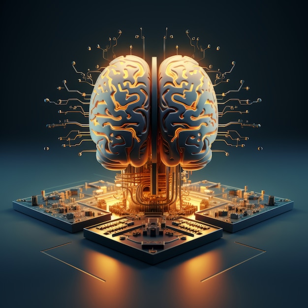 Free photo view of brain with circuit board