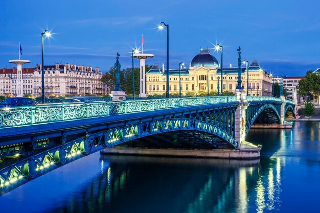 Вид на мост и университет в Лионе ночью